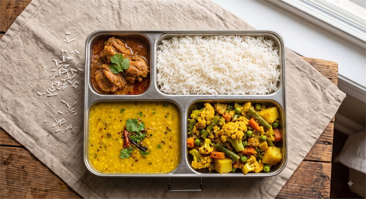 Chicken curry platter with rice, dal and vegetables