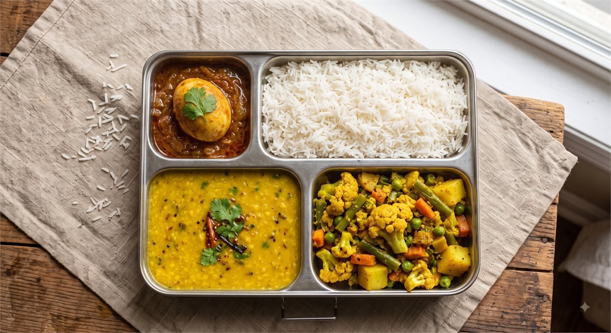 Egg curry platter with rice, dal and vegetables
